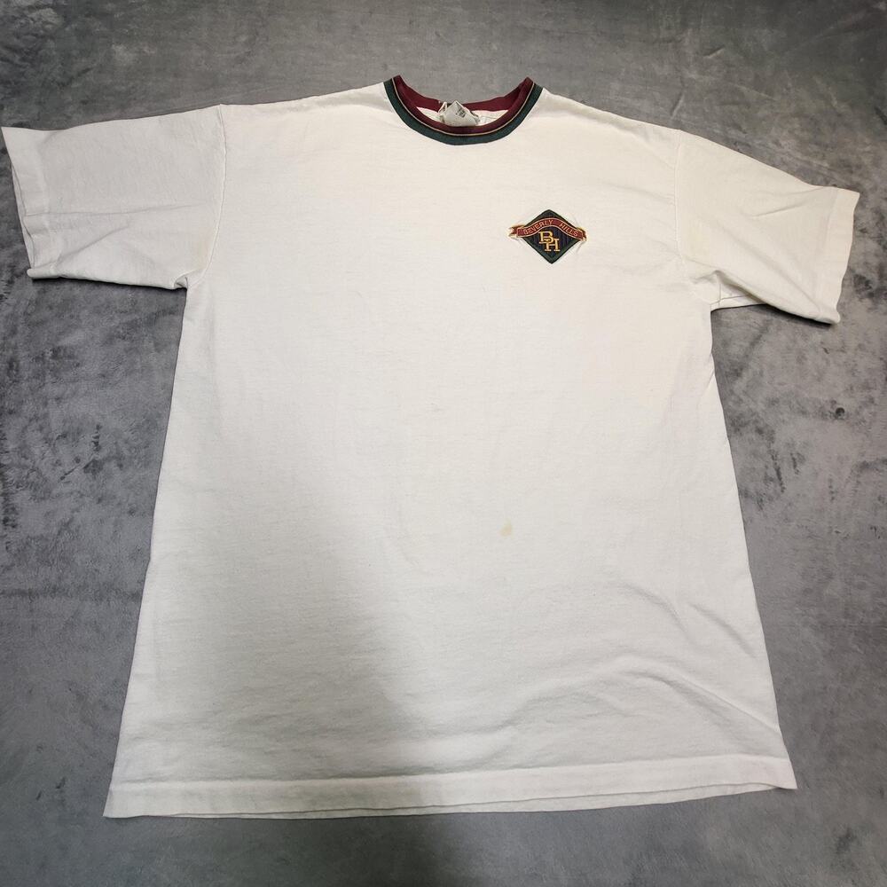Beverly Hills Shirt Mens Extra Large White Embroidered Crest Ringer Made USA